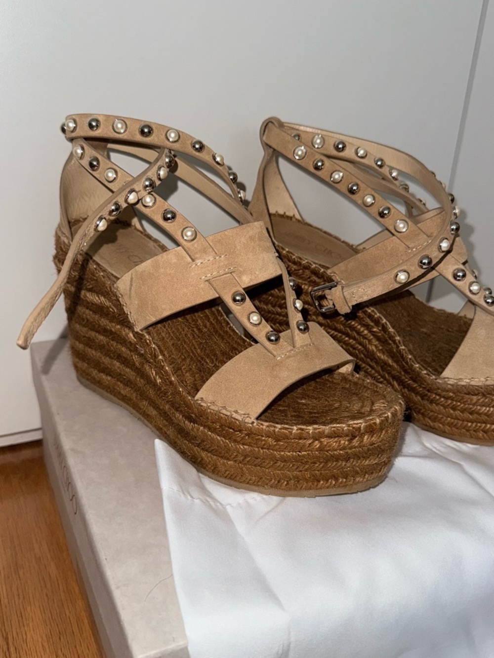 Jimmy Choo Tan Studded Espadrille Wedge Sandals with Ankle Wrap